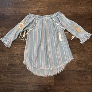 Blue & Pink Striped Off-Shoulder Embroidered Peasant Hippie Lace Up Blouse Sz S